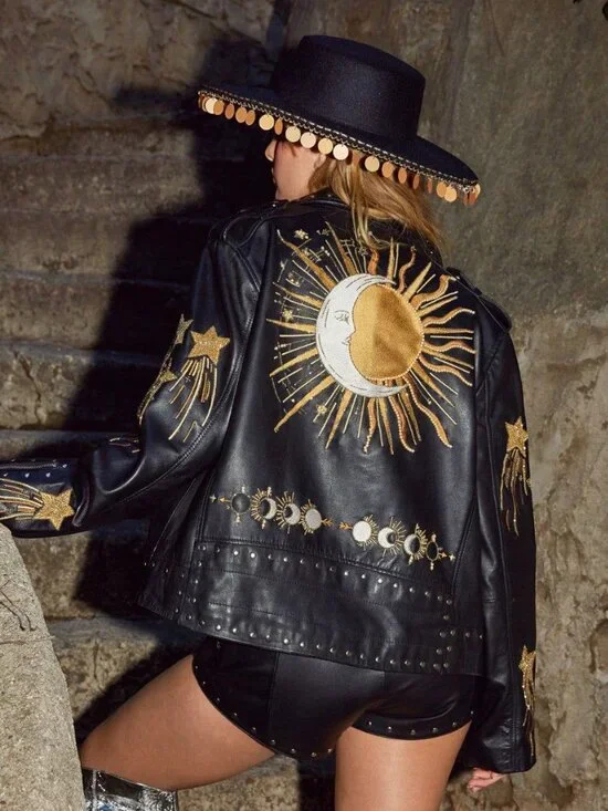 Nasty Gal Real Leather Star and Moon Embroidered Jacket - Picture 5 of 13